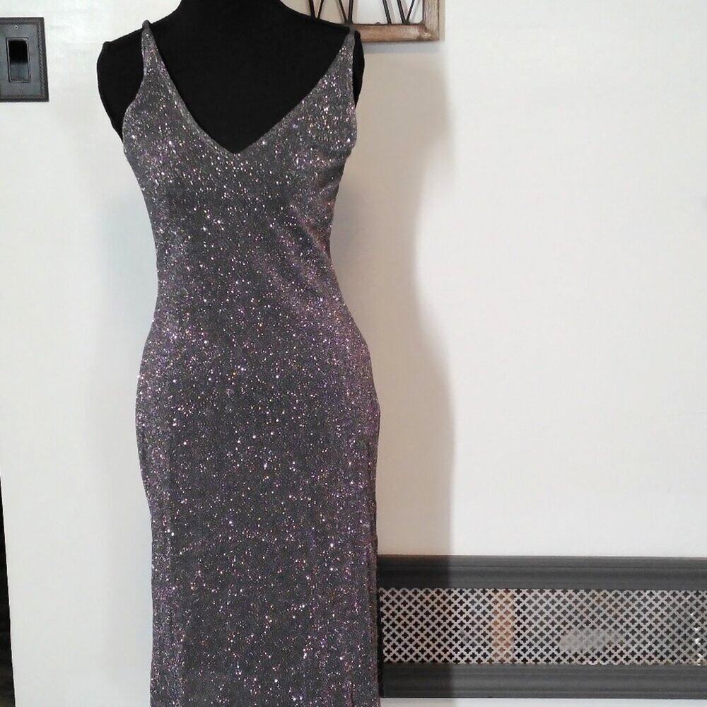 Studio Y Metallic Lurex Sleeveless Bodycon Midi Dress Silver Gray USA  Size S